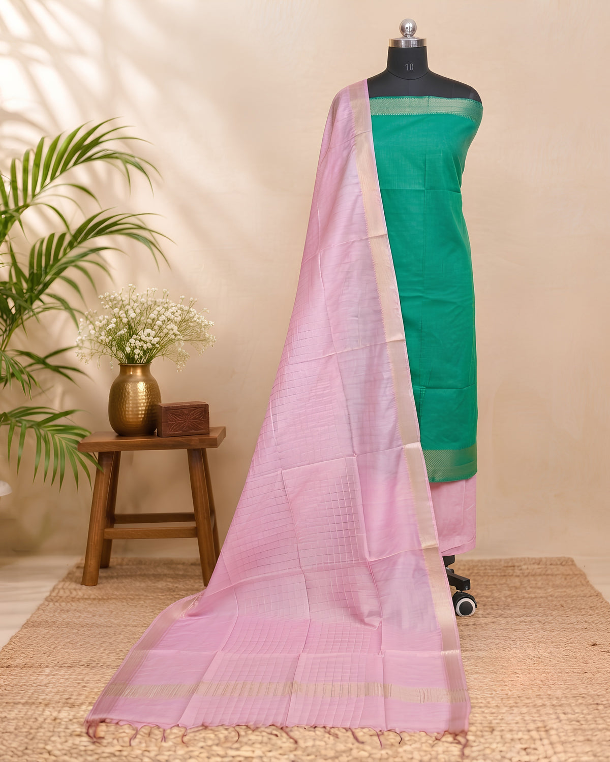 Semi Tussar Plain - Emerald Green - Pale Pink