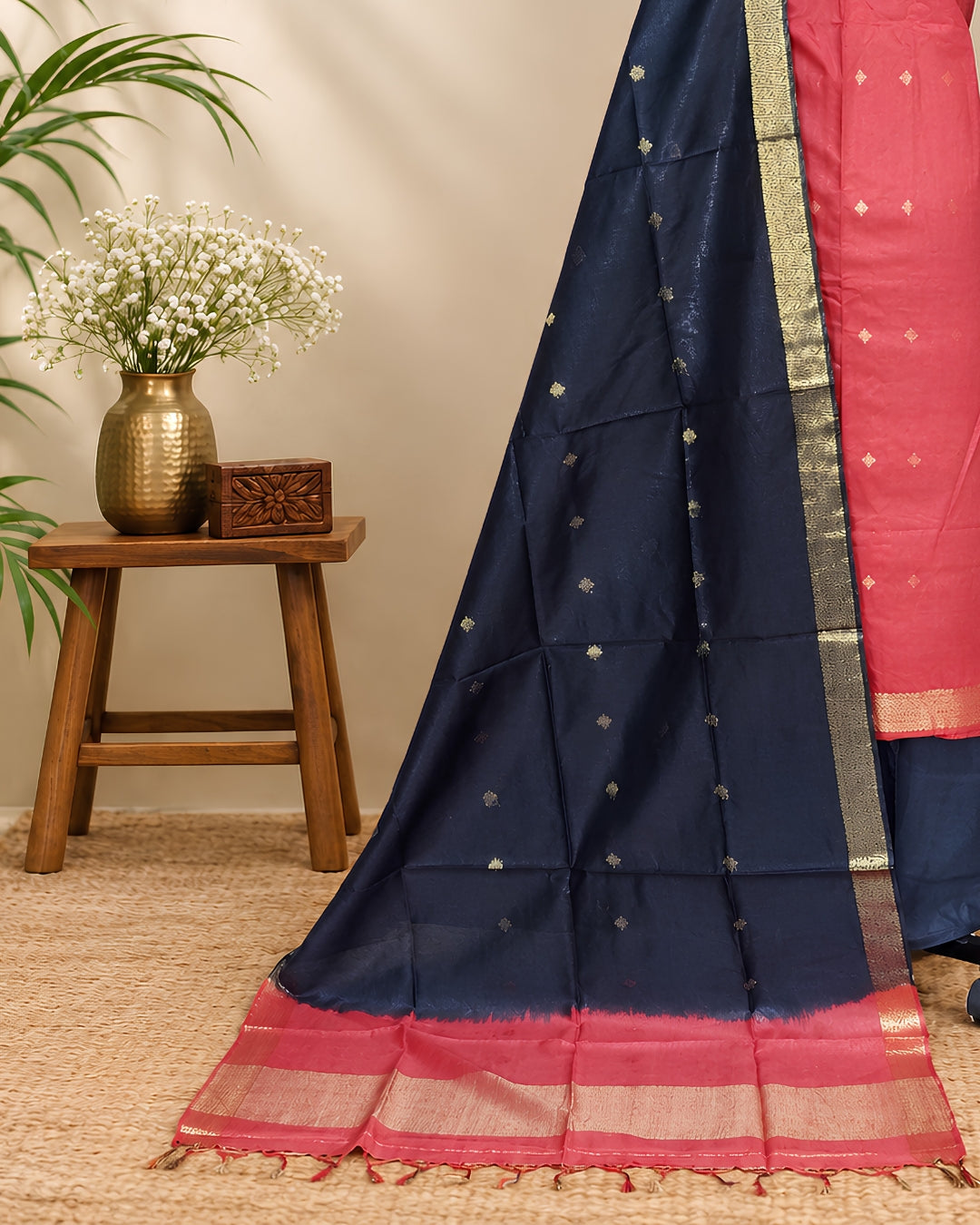 Semi Tussar Butta - Coral Red - Black