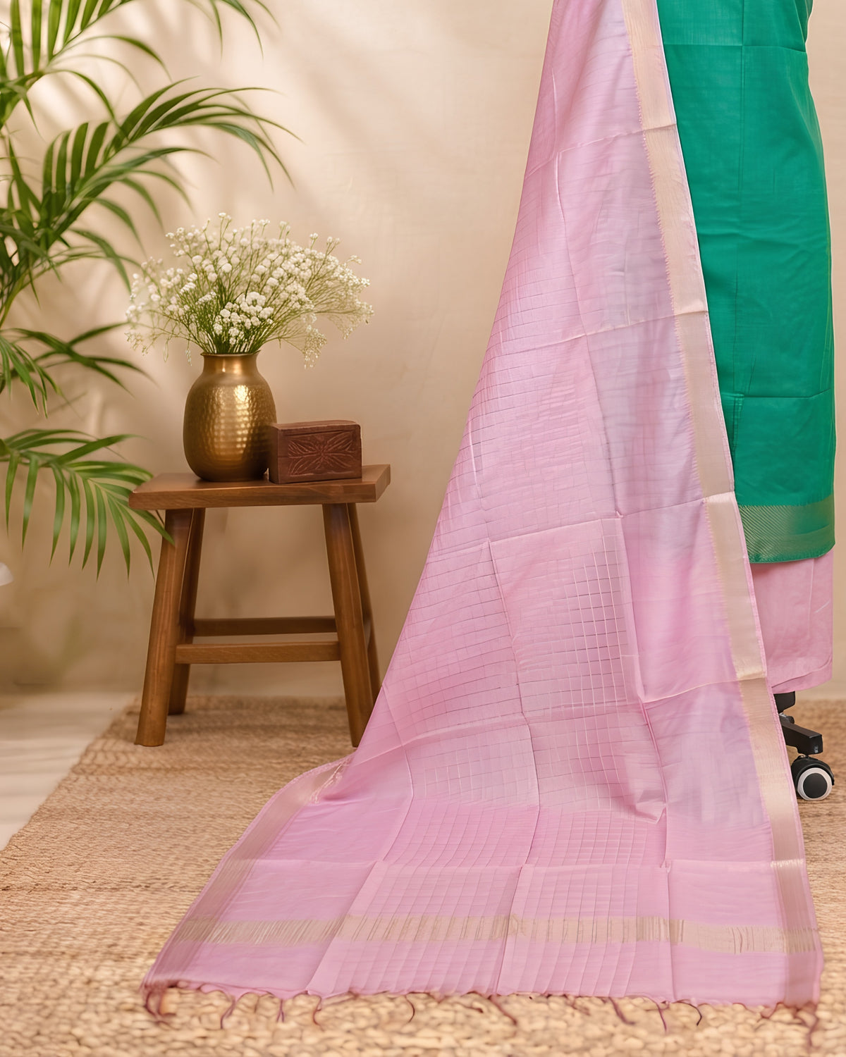 Semi Tussar Plain - Emerald Green - Pale Pink
