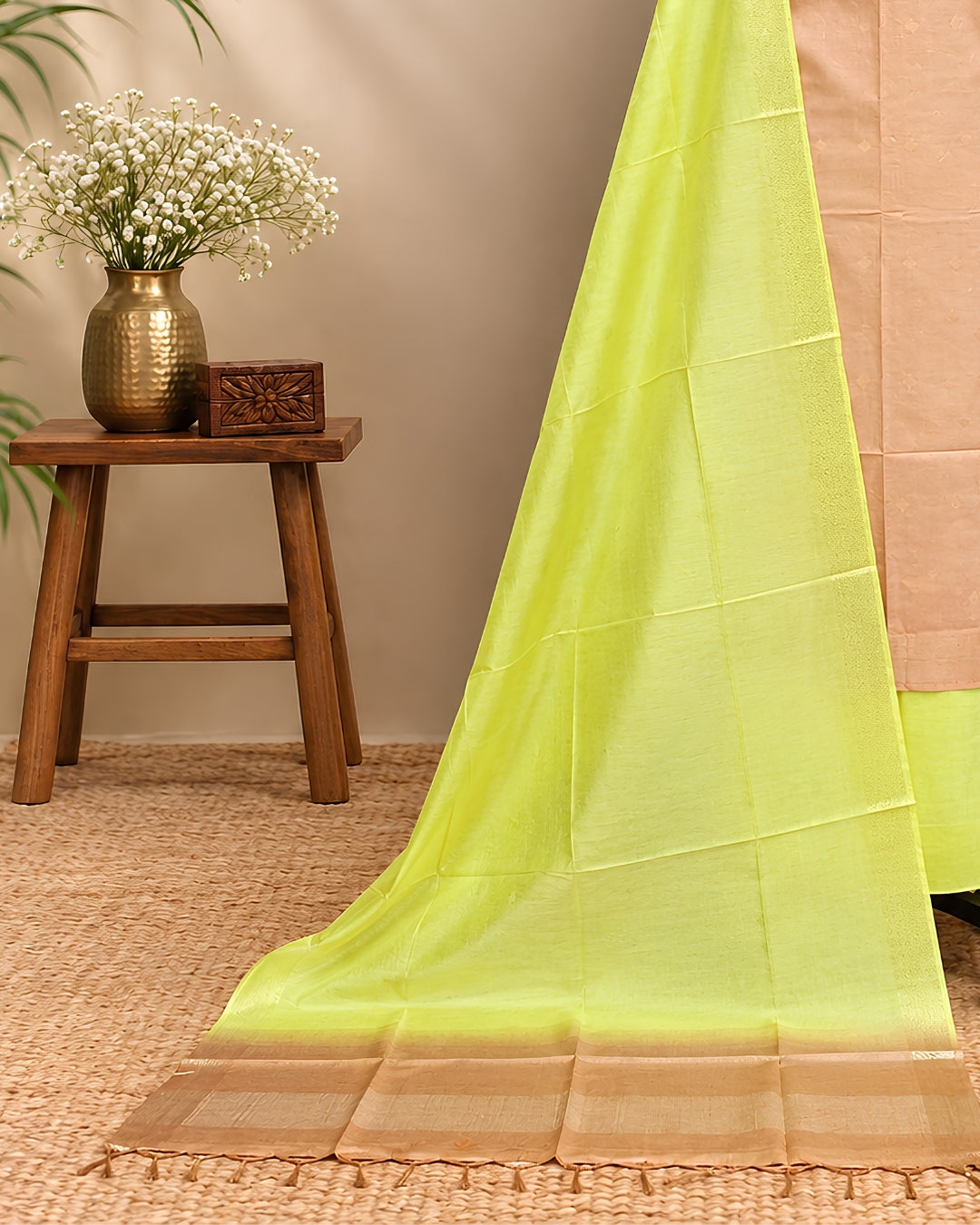 Semi Tussar Butta - Peach - Bright Yellow