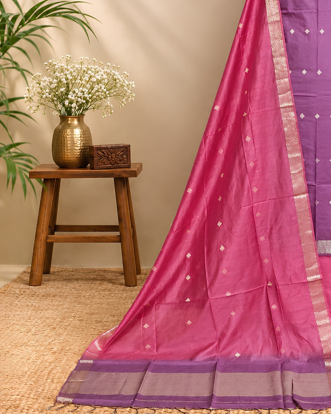 Semi Tussar Butta - Dusty purple - Hot Pink