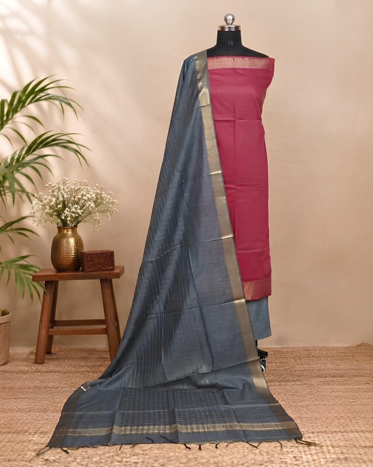 Semi Tussar Plain - Deep Pink - Chargoal Grey