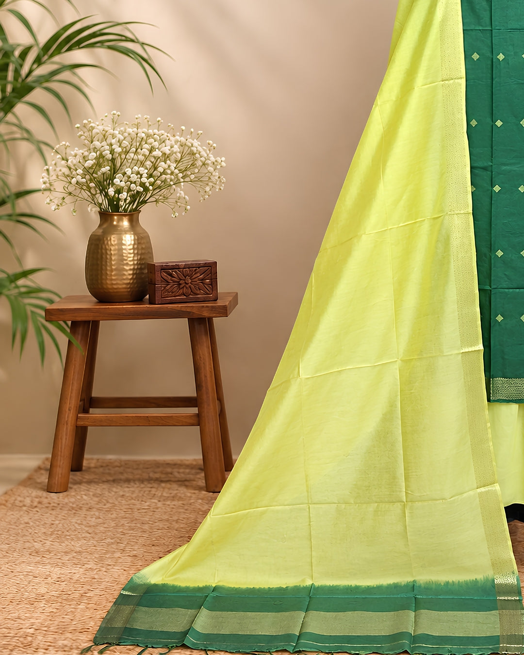 Semi Tussar Butta - Green - Pale Yellow