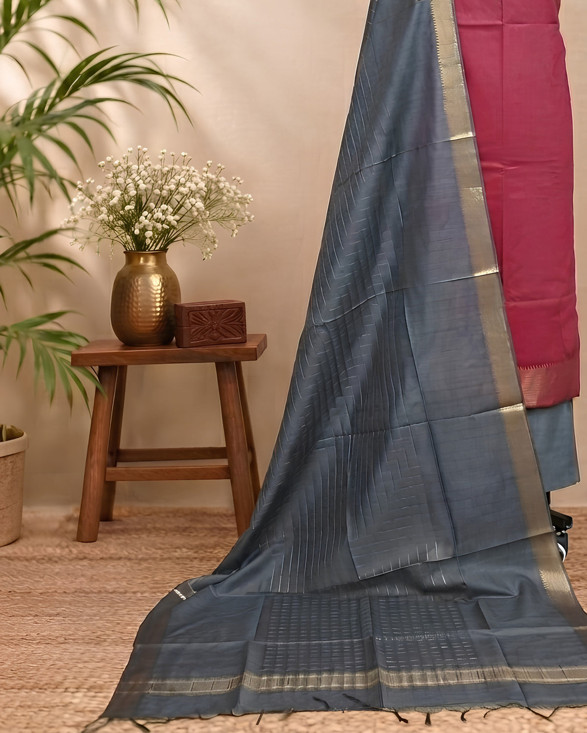 Semi Tussar Plain - Deep Pink - Chargoal Grey
