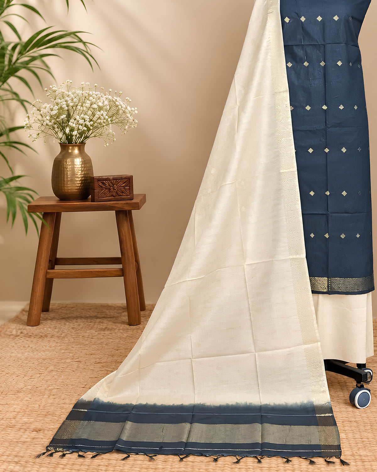 Semi Tussar Butta - Black - Cream