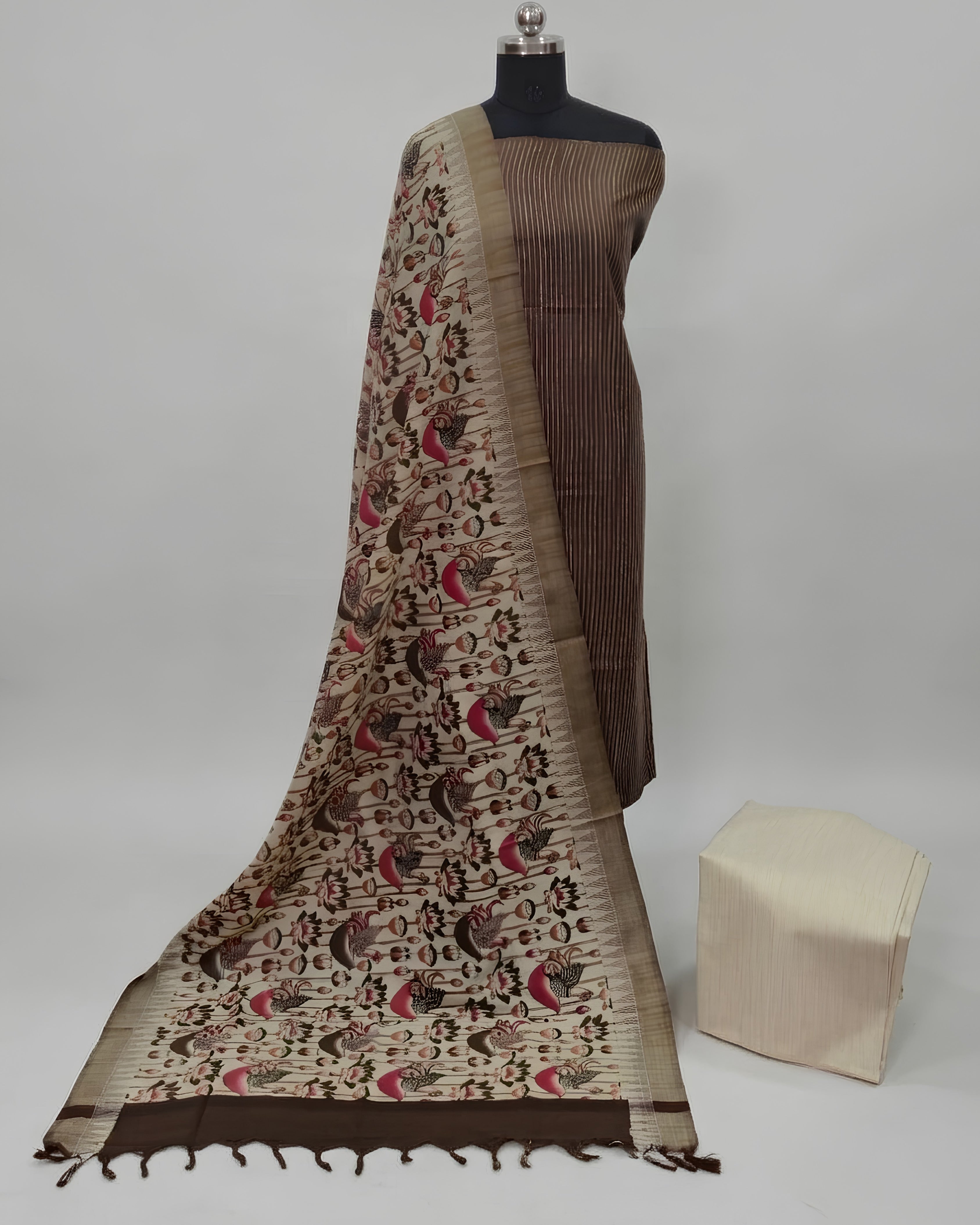 KADHI COTTON PICHWAI PRINTED DUPATTA CHUDI SET - CHOCOLATE BROWN