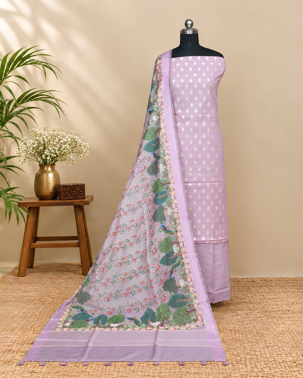 Soft lavender Chanderi Meena Butta digital dupatta fabric by S Fabs with intricate Meena embroidery and delicate design details.