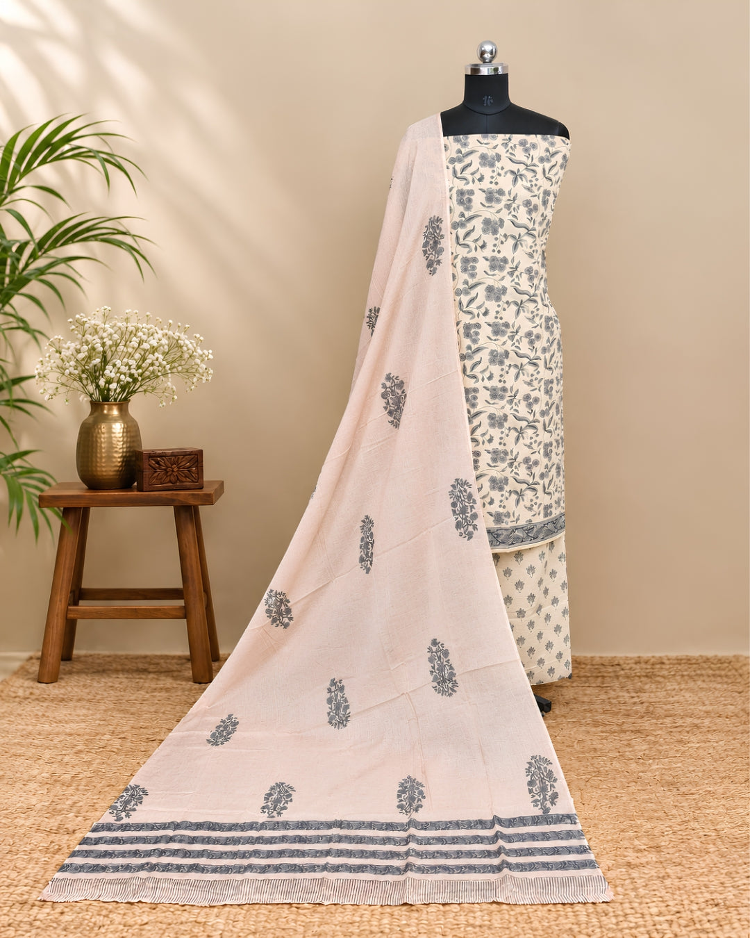 Mul Mul Cotton Dupatta - Dusty Blush Peach with Charcoal Grey