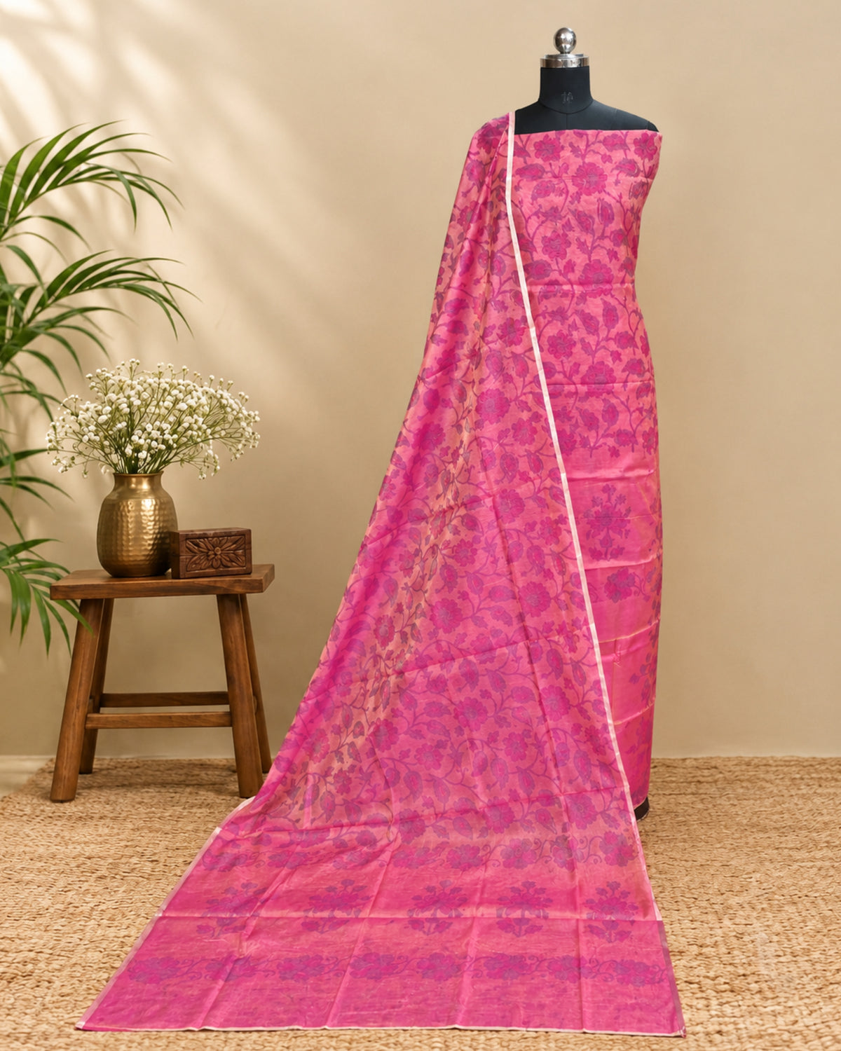 Mal Chanderi Tani Print Chudi Set - Medium Pink