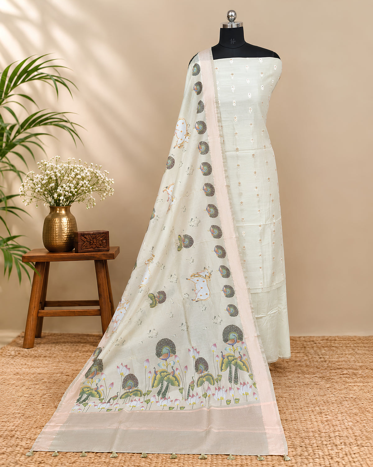 Cream Chanderi Meena Butta digital dupatta with intricate patterns, crafted from lightweight material by S Fabs.