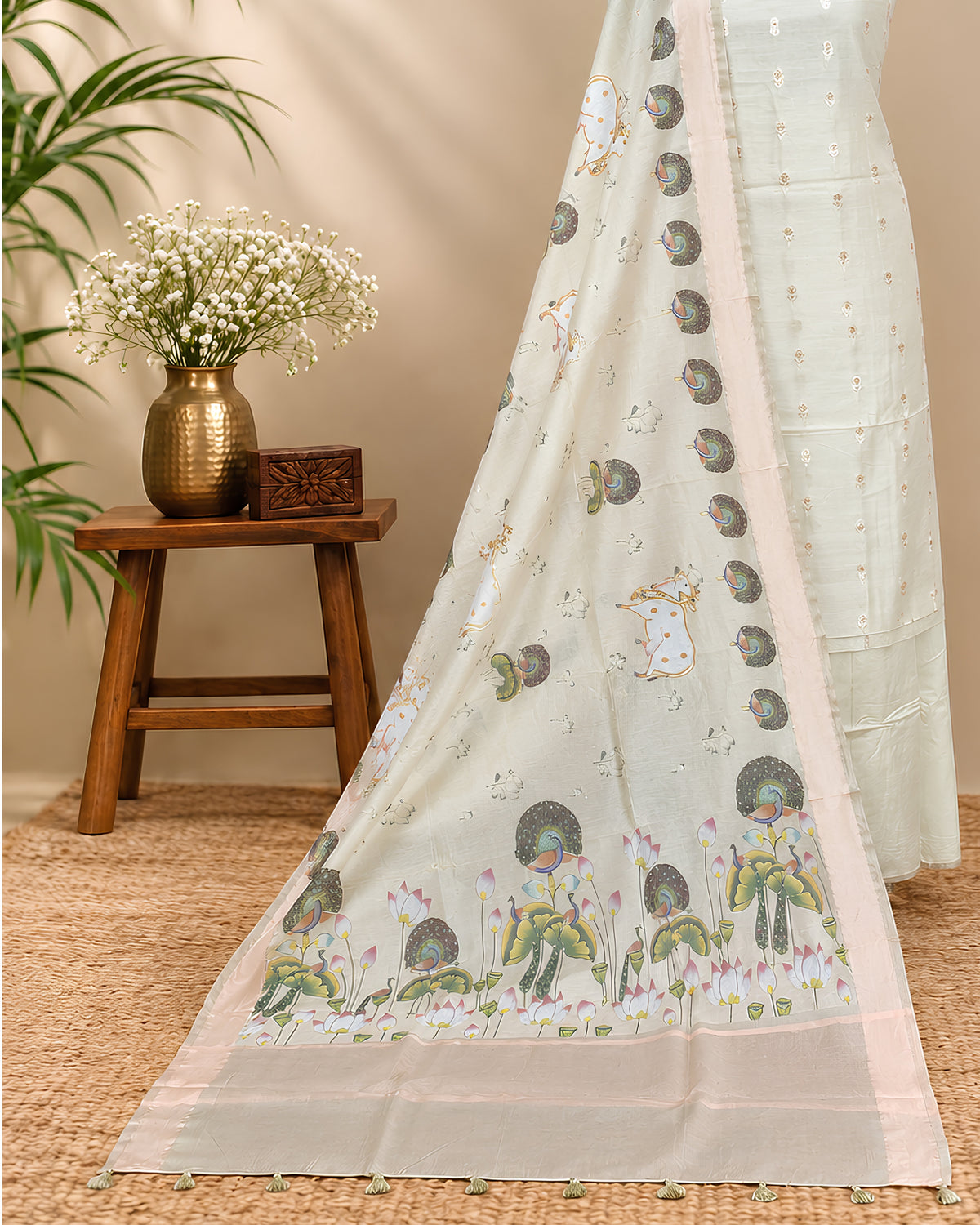 Cream-colored Chanderi Meena Butta digital dupatta fabric from S Fabs with intricate embroidery and elegant design details.