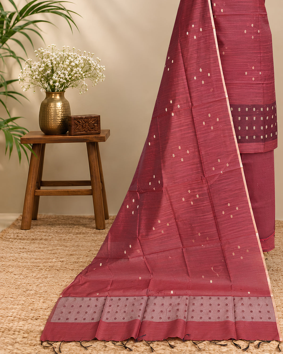 Maroon raw silk organza butti fabric from S Fabs, showcasing a smooth, shiny silk material with intricate butti pattern.