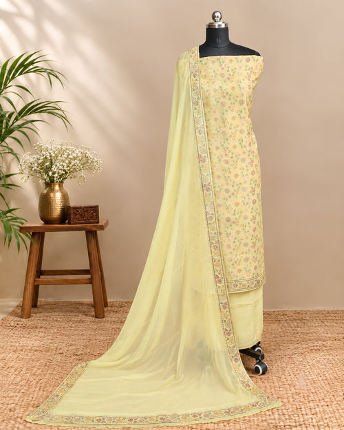Yellow Banarasi Meena Georgette Dupatta with intricate embroidery and traditional design, showcasing fine craftsmanship by S Fabs.