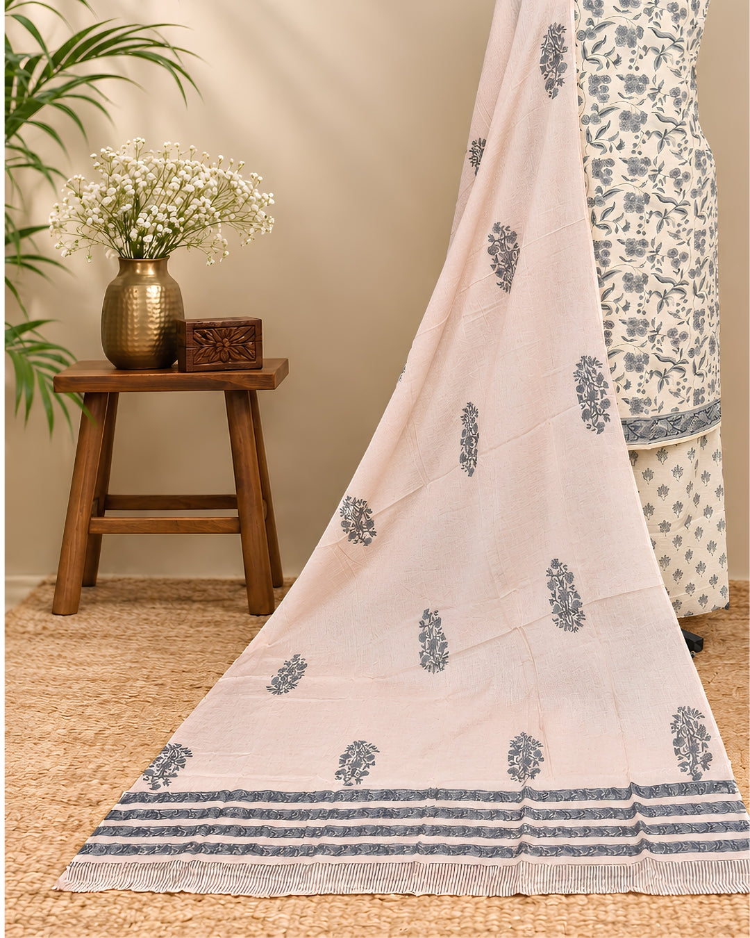 Mul Mul Cotton Dupatta - Dusty Blush Peach with Charcoal Grey