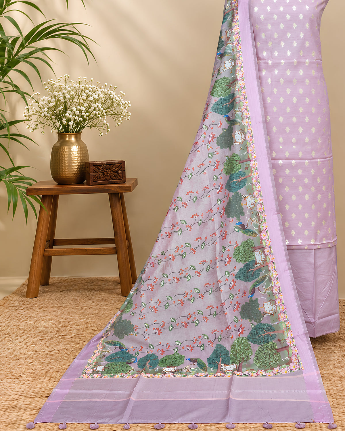Soft lavender Chanderi Meena Butta digital dupatta by S Fabs, showcasing intricate embroidery and lightweight, elegant material.