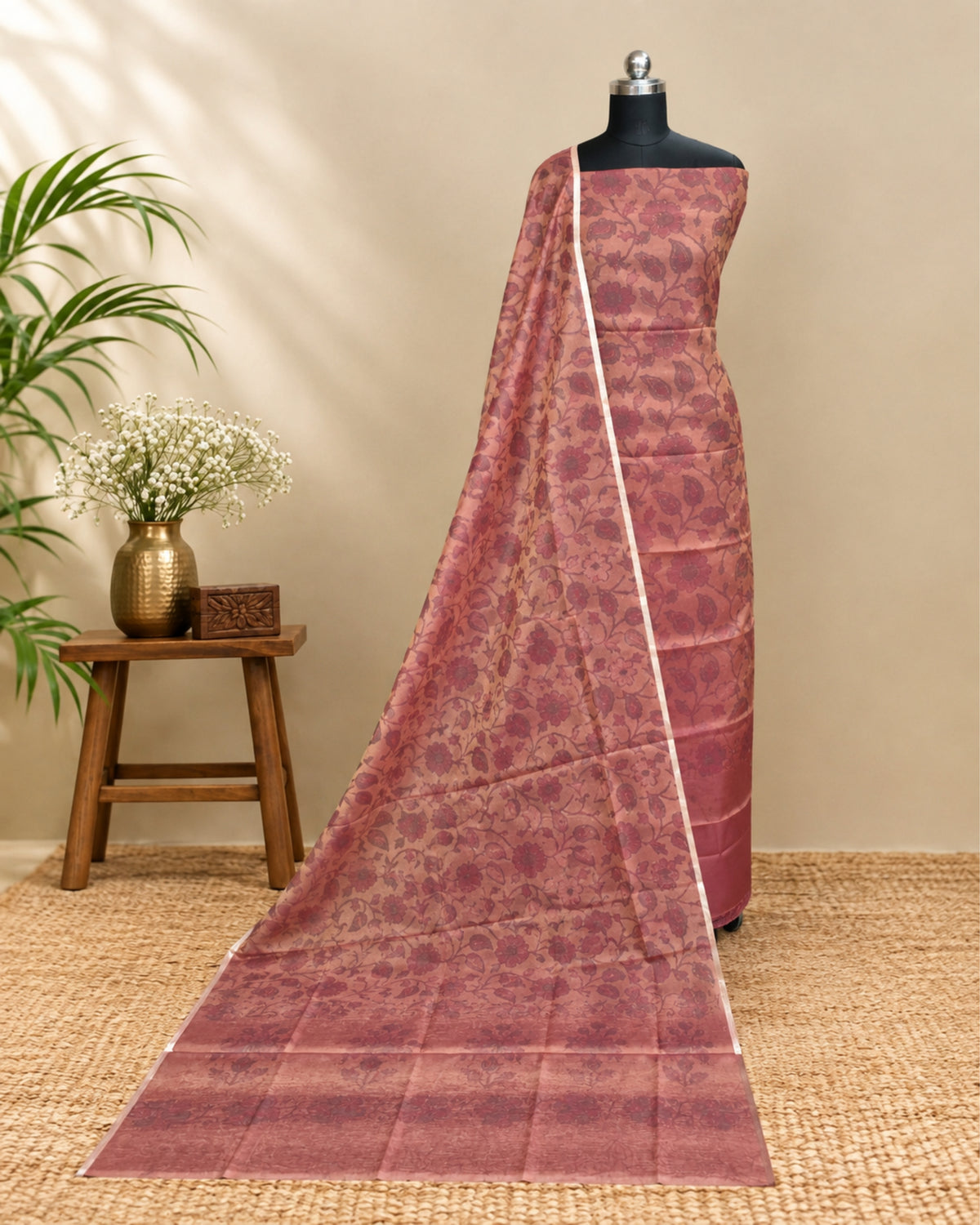 Mal Chanderi Tani Print Chudi Set - Warm Terracotta