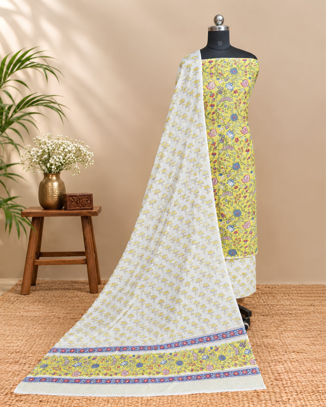 Mul Mul Cotton Dupatta - Mustard Yellow with Multicolour