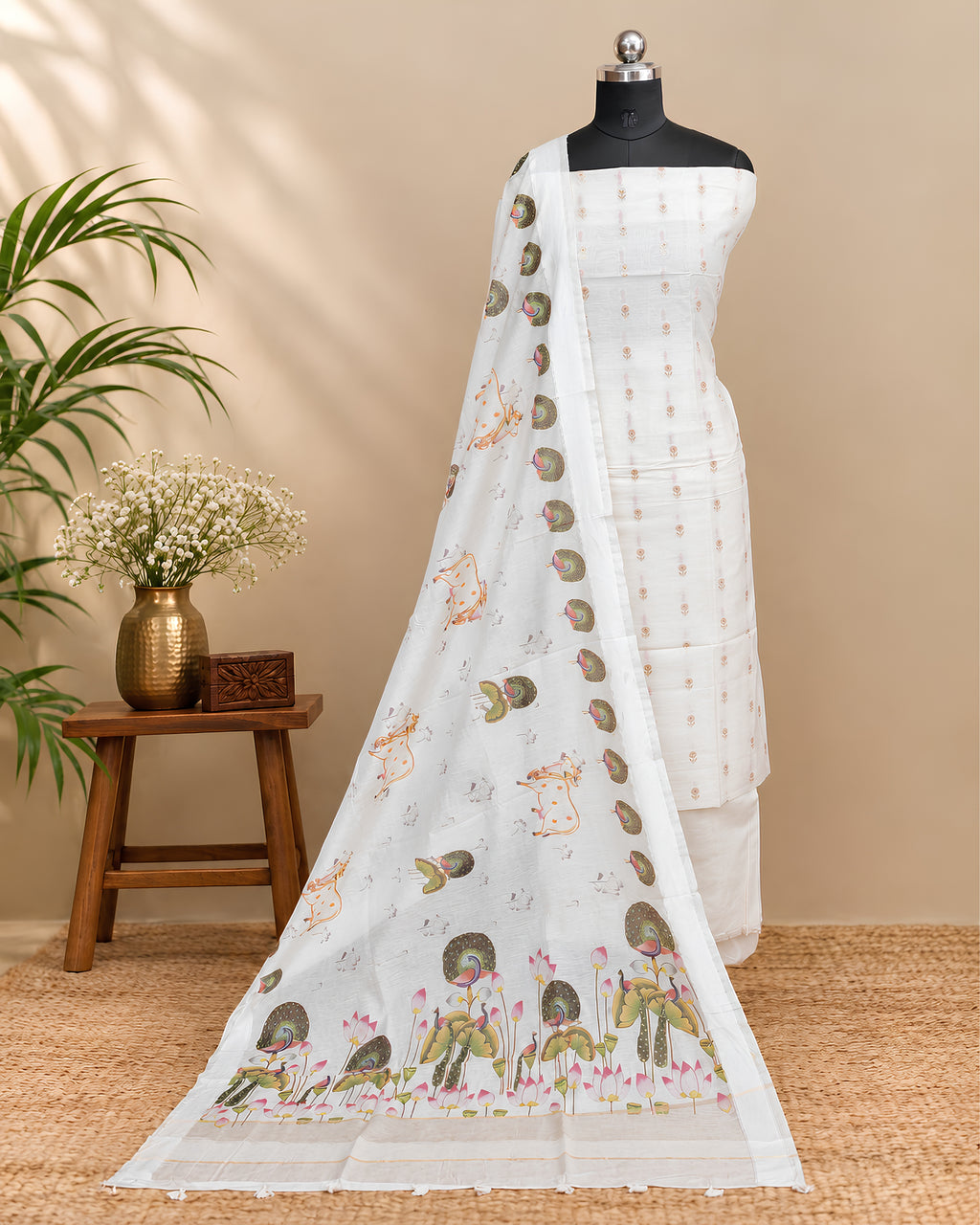 Off-white Chanderi Meena Butta digital dupatta with intricate design, showcasing traditional craftsmanship by S Fabs.