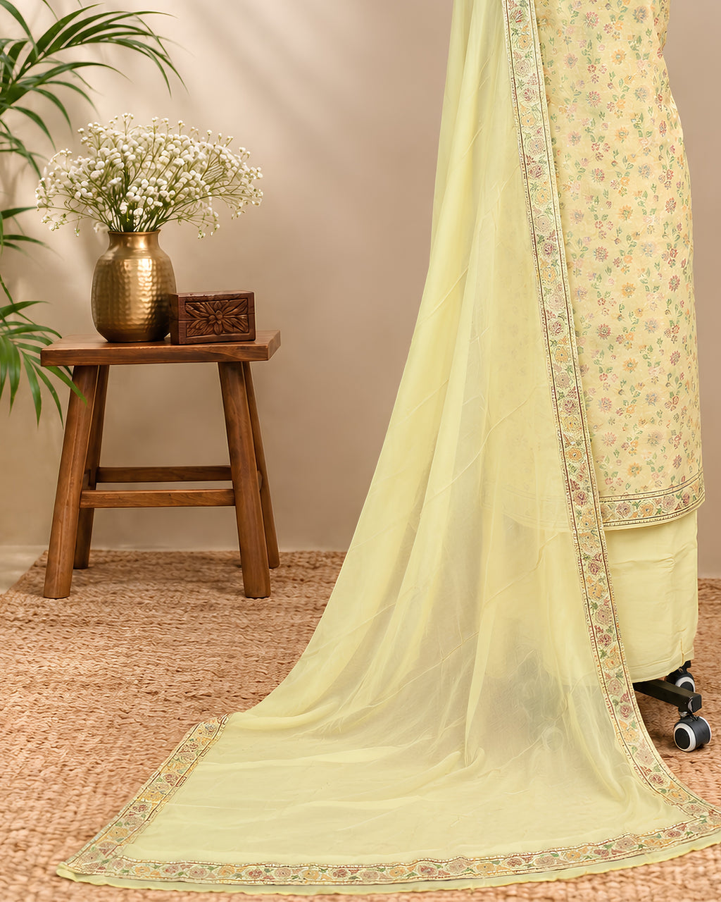 Yellow Banarasi Meena Georgette dupatta by S Fabs featuring intricate traditional woven patterns and delicate fabric details.
