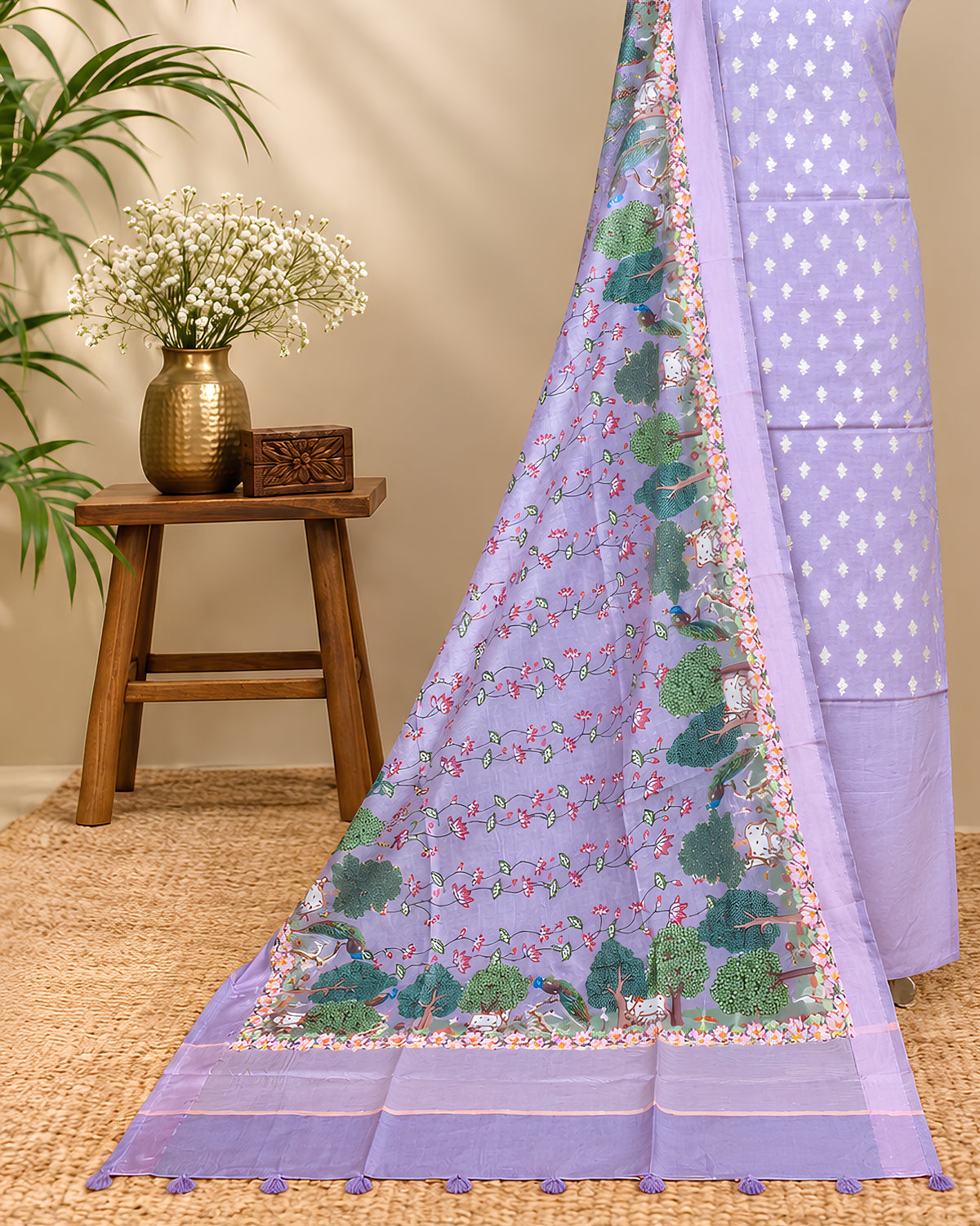 Lavender Chanderi Meena Butta digital dupatta with intricate patterns, showcasing soft fabric and detailed embroidery by S Fabs.