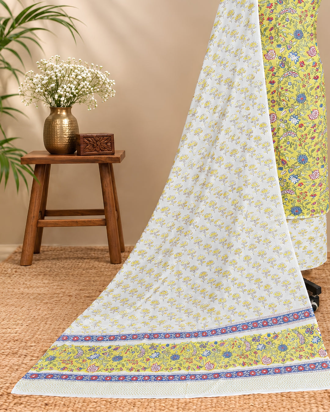 Mul Mul Cotton Dupatta - Mustard Yellow with Multicolour