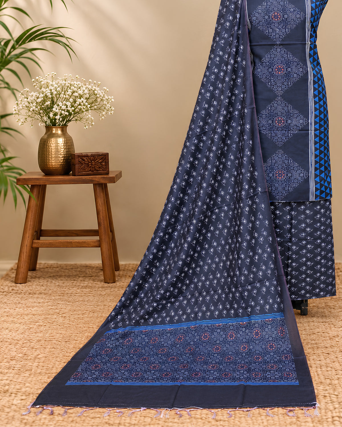 Navy blue Munga digital print fabric by S Fabs, showcasing intricate design and vibrant color on material suitable for apparel or crafts.