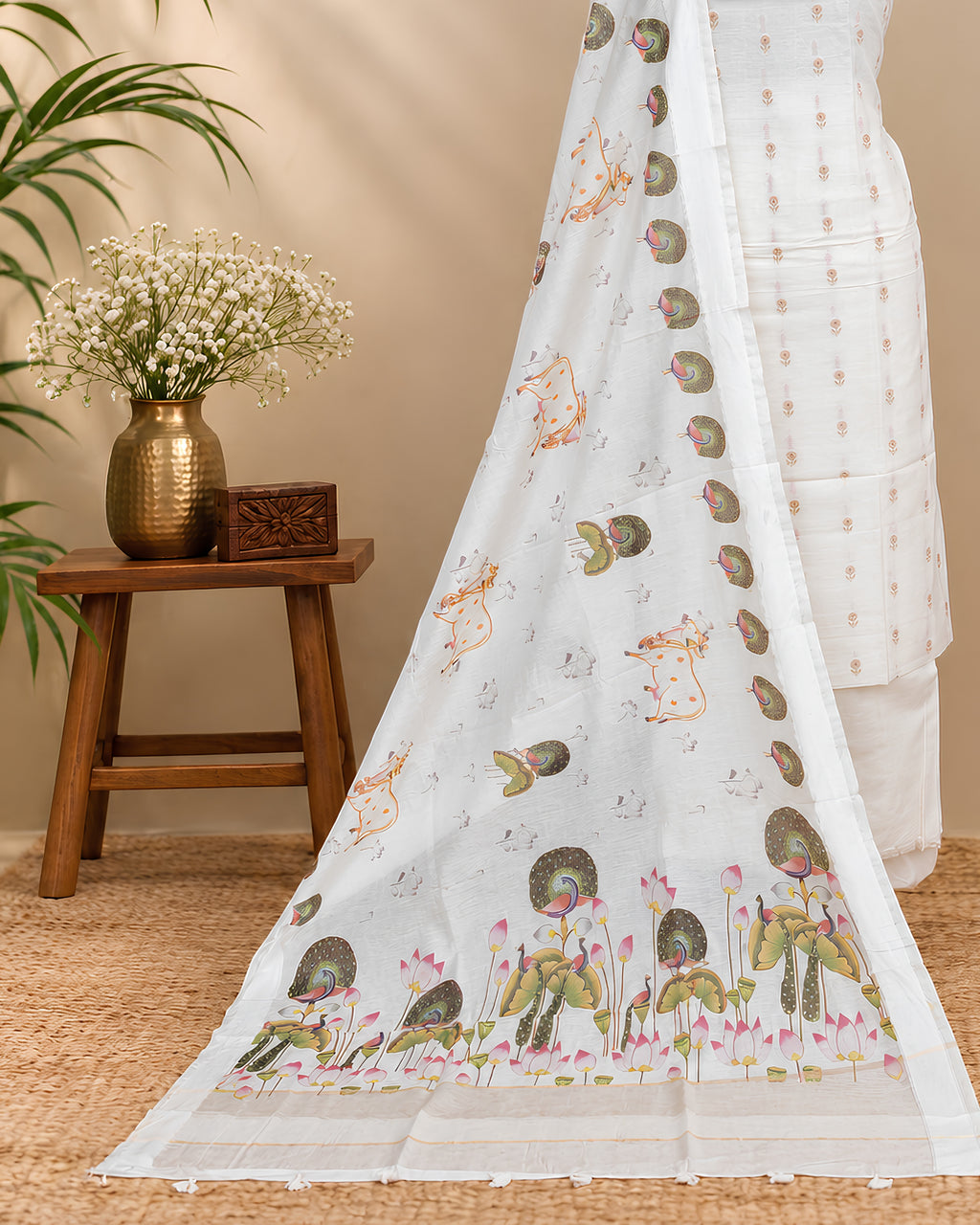 Off white Chanderi Meena Butta digital dupatta showing intricate pattern and delicate fabric details from S Fabs.