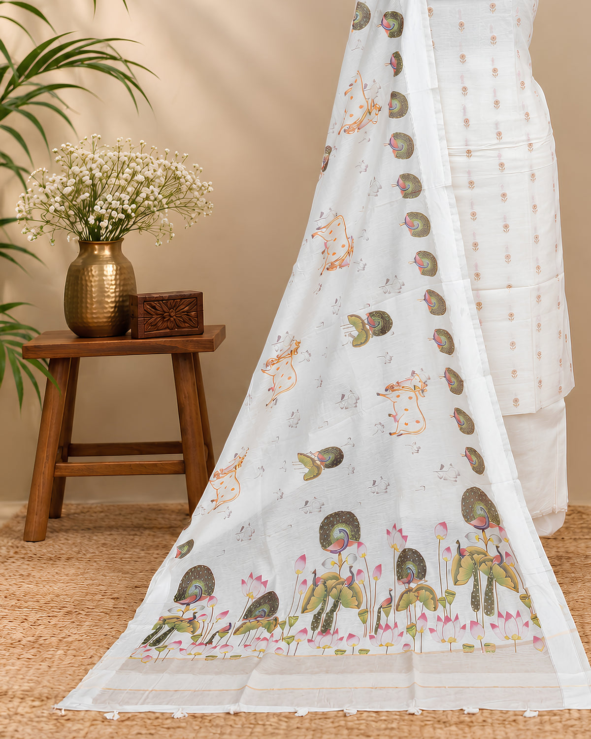 Off white Chanderi Meena Butta digital dupatta showing intricate pattern and delicate fabric details from S Fabs.