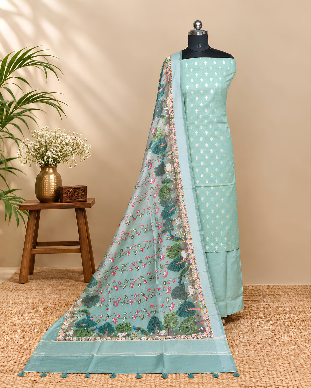 Mint aqua Chanderi Meena Butta digital dupatta fabric by S Fabs, featuring intricate embroidery and delicate design details.