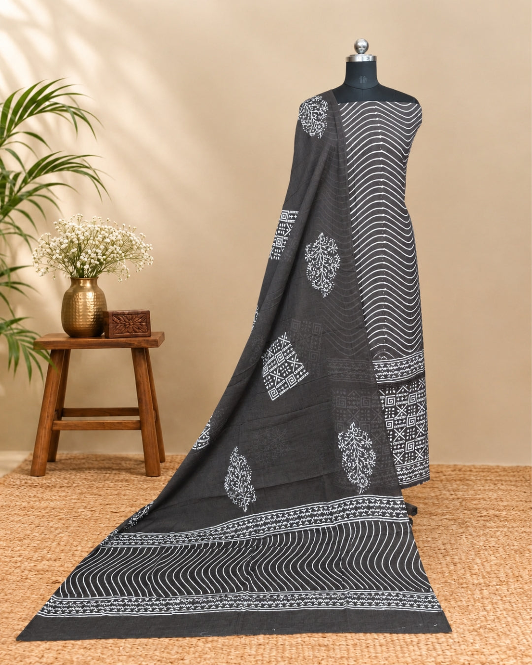 Mul Mul Cotton Dupatta - Charcoal Grey with White