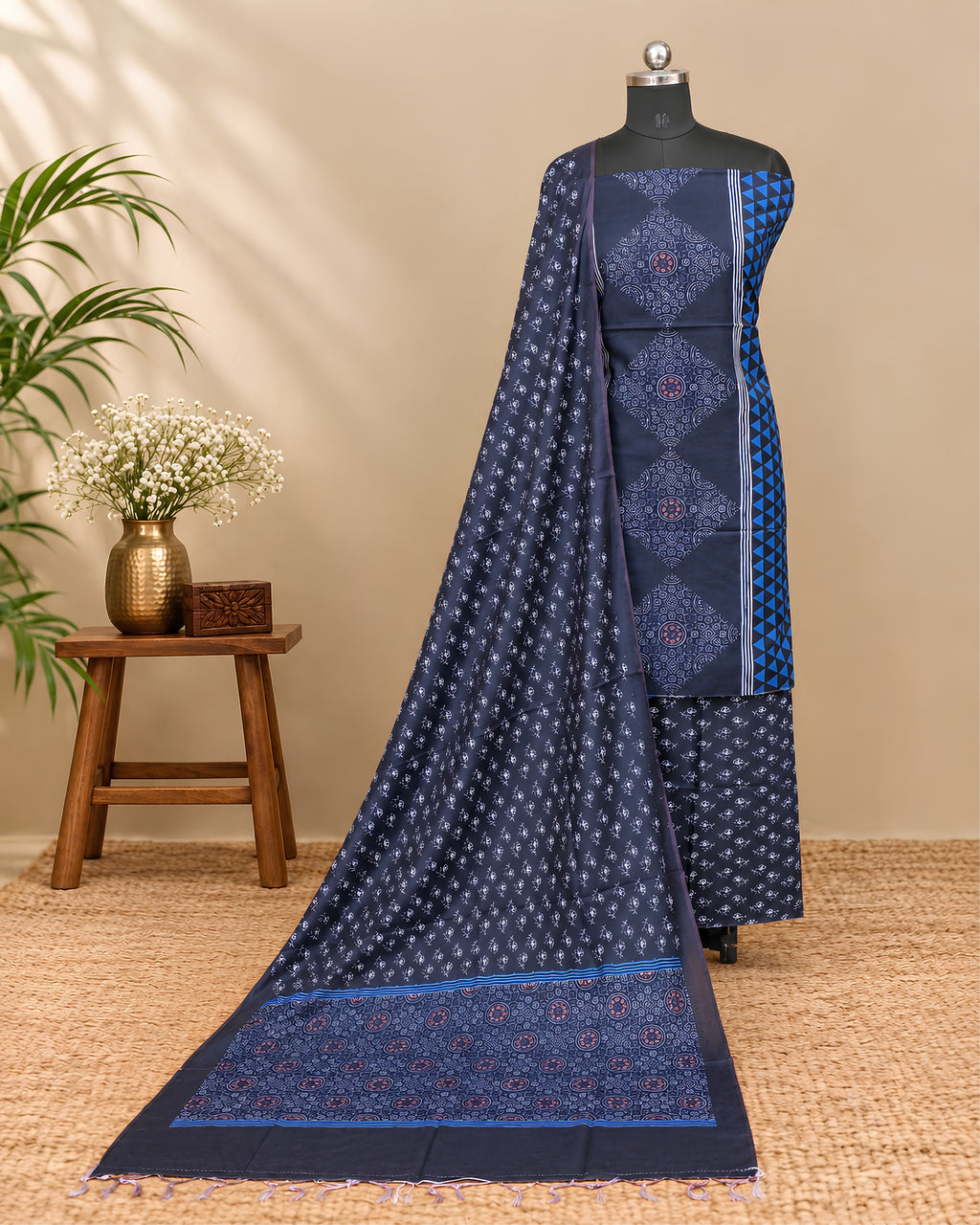 S Fabs Munga digital print fabric in navy blue with intricate geometric patterns, showcasing the material's vibrant design and texture.