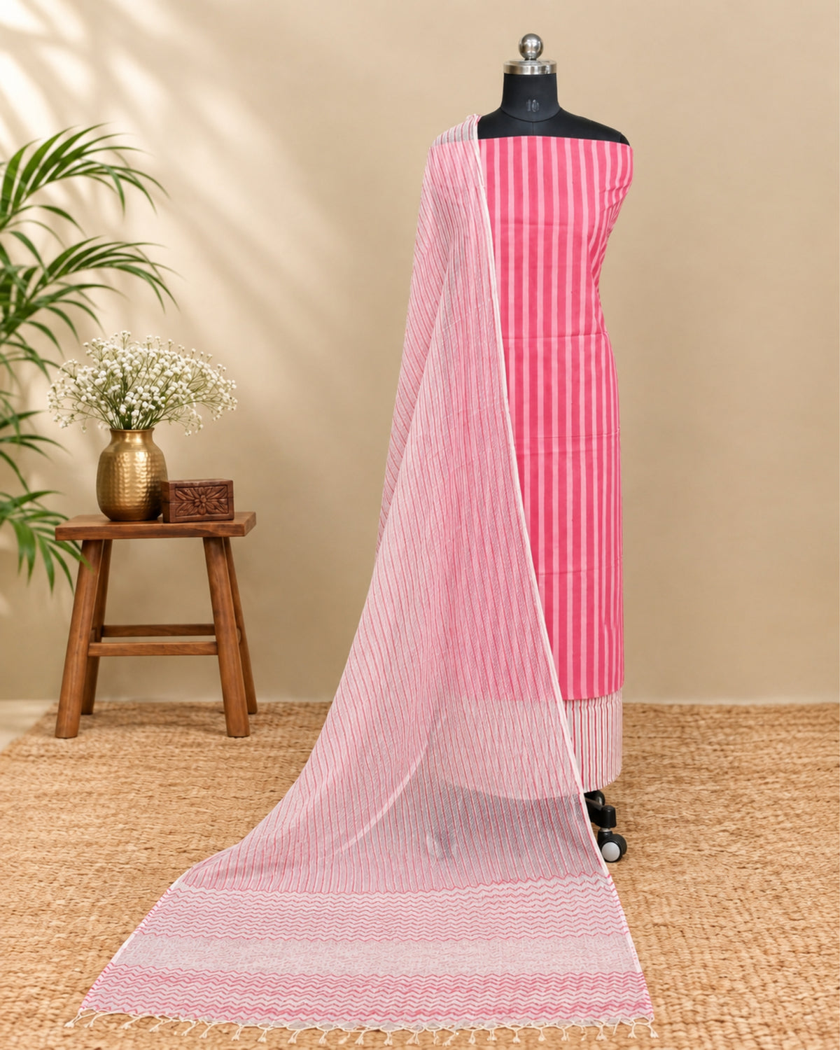 Mul Mul Kota Dupatta - Bright Pink with White Vertical Stripes