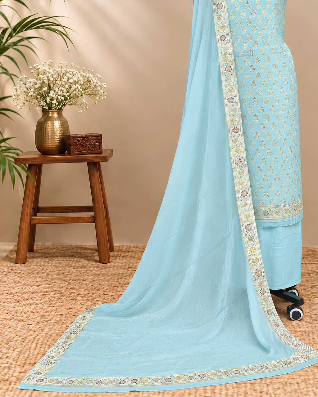 Pastel aqua Banarasi Meena Georgette Dupatta fabric from S Fabs, showcasing intricate traditional embroidery and lightweight material.