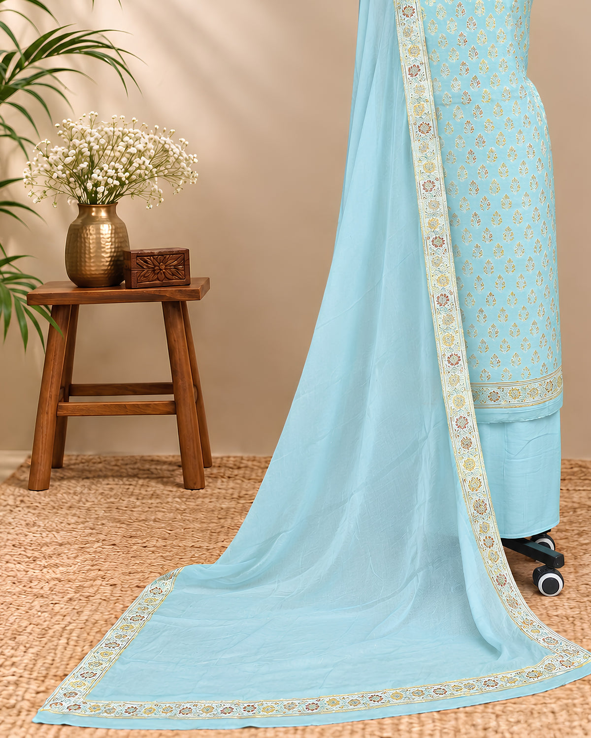Pastel aqua Banarasi Meena Georgette Dupatta fabric from S Fabs, showcasing intricate traditional embroidery and lightweight material.