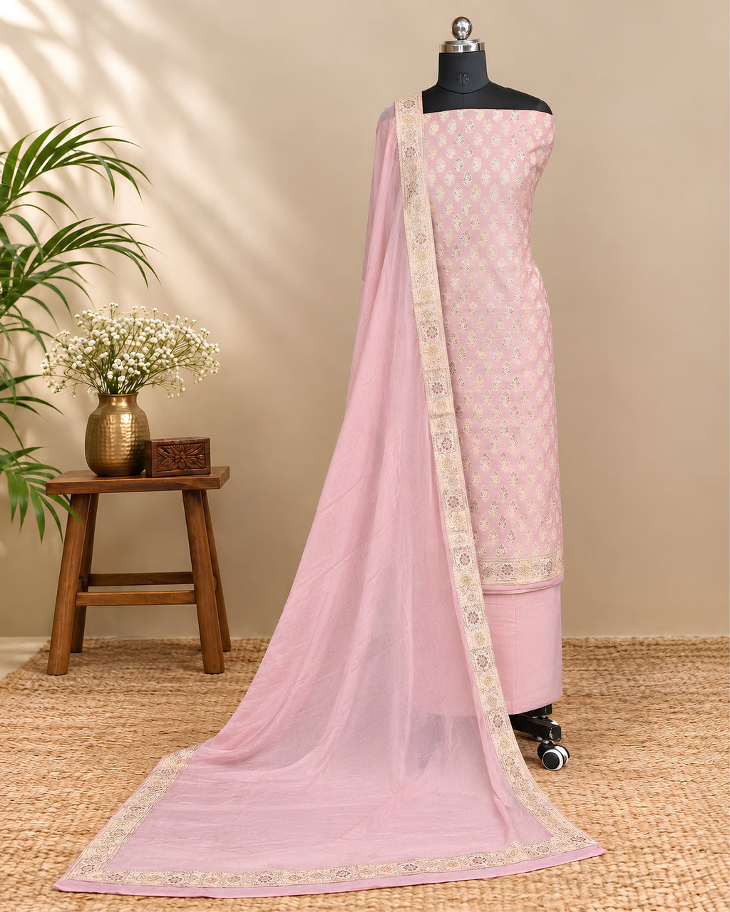 Light pink Banarasi Meena Georgette dupatta with intricate gold and silver embroidery, crafted by S Fabs.