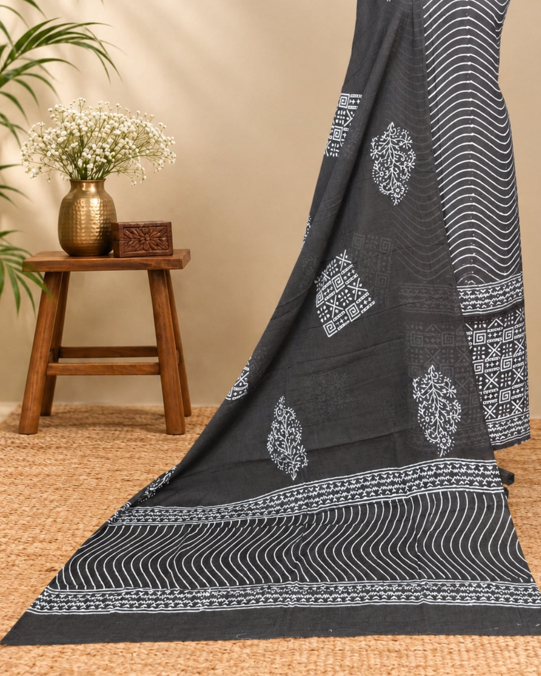 Mul Mul Cotton Dupatta - Charcoal Grey with White