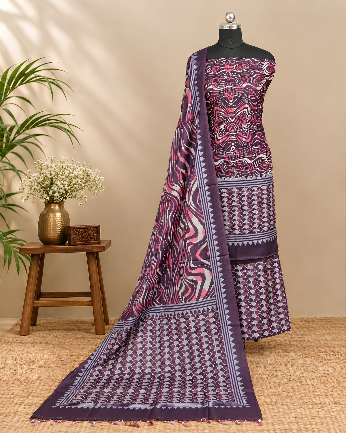 S Fabs Munga Digital Print in Rich Plum fabric, showing a close-up of the vibrant, textured material with intricate patterns.
