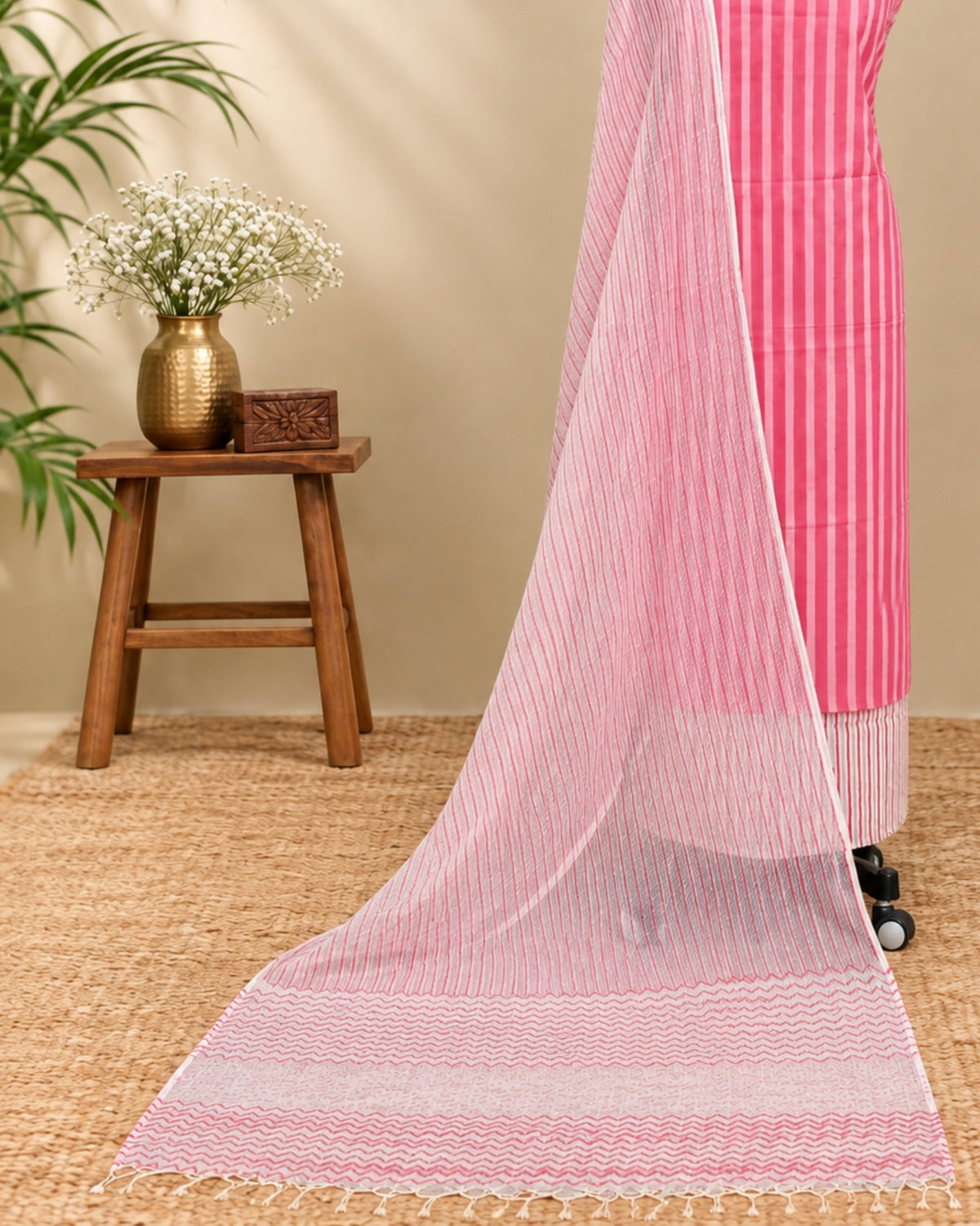 Mul Mul Kota Dupatta - Bright Pink with White Vertical Stripes