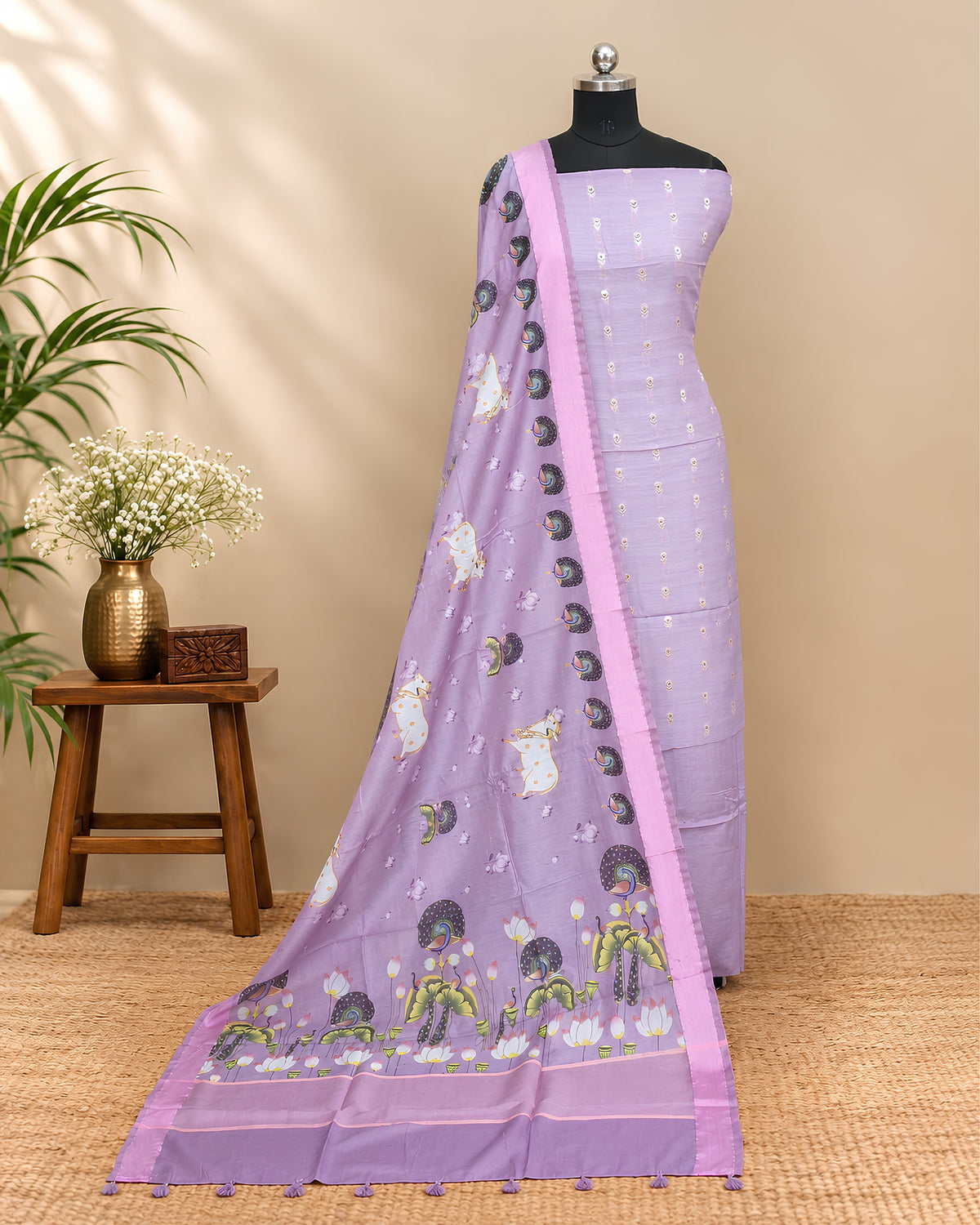 Soft lilac Chanderi Meena Butta digital dupatta with intricate patterns, showcasing delicate embroidery and elegant fabric texture.