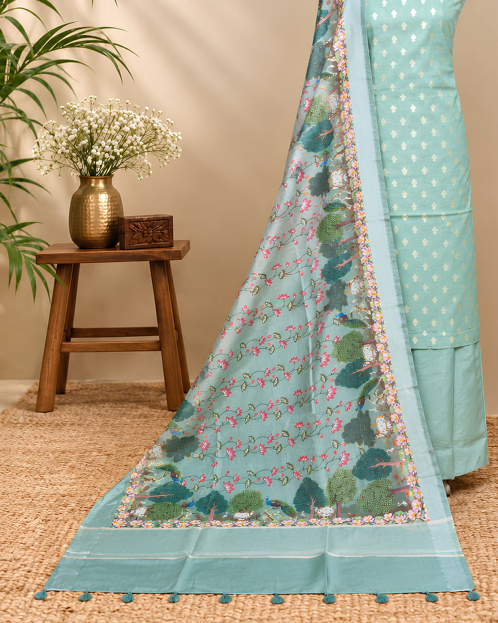 Mint aqua Chanderi Meena Butta digital dupatta fabric from S Fabs, featuring intricate meena embroidery and elegant textile details.