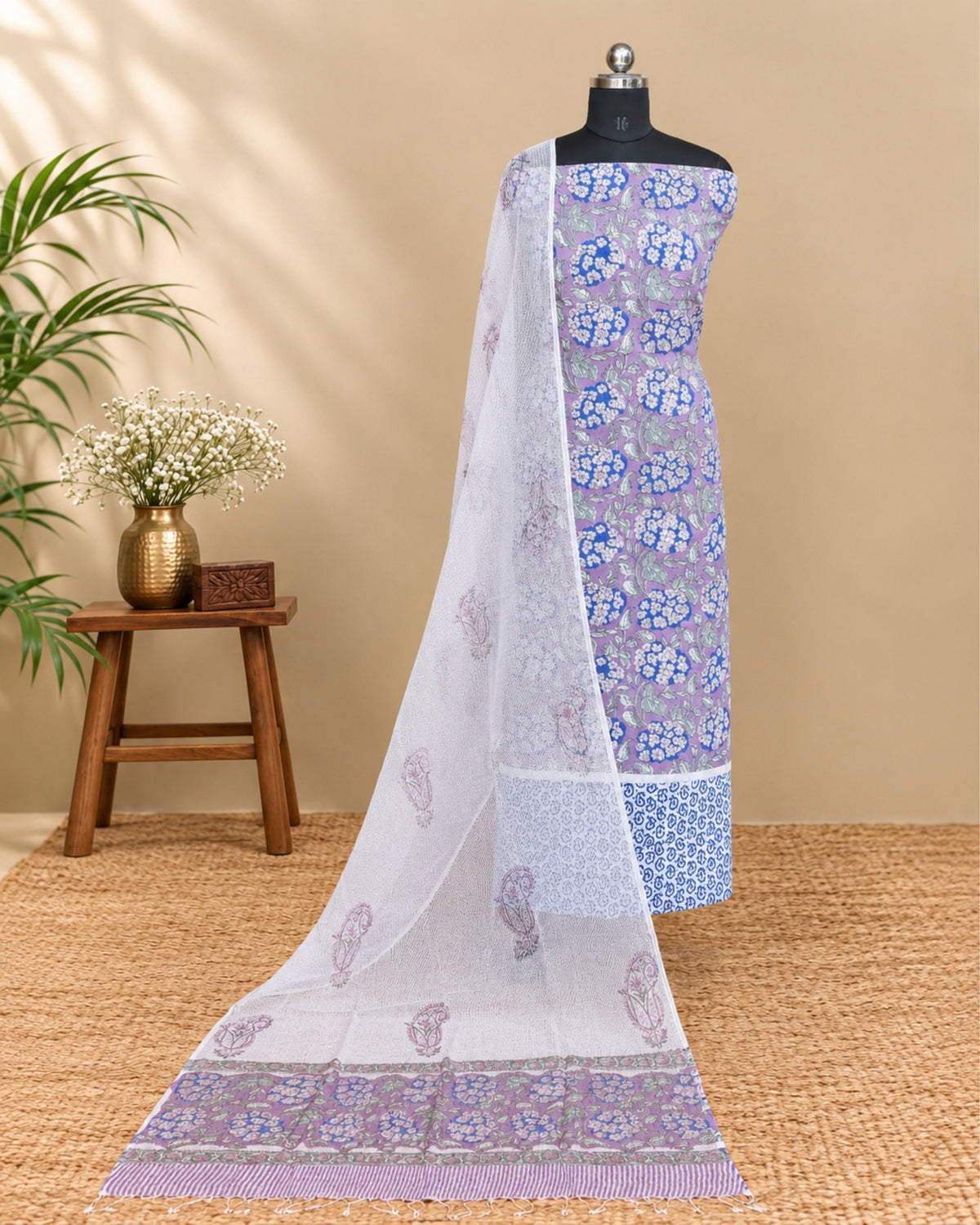 Mul Mul Kota Dupatta - Lavender Purple with Blue Floral