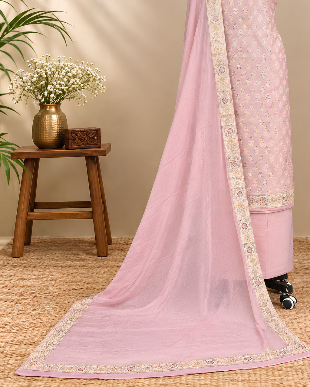 Light pink Banarasi Meena Georgette dupatta with intricate gold embroidery, showcasing detailed traditional craftsmanship.