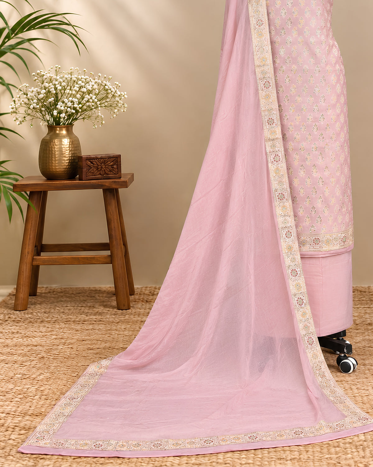 Light pink Banarasi Meena Georgette dupatta with intricate gold embroidery, showcasing detailed traditional craftsmanship.