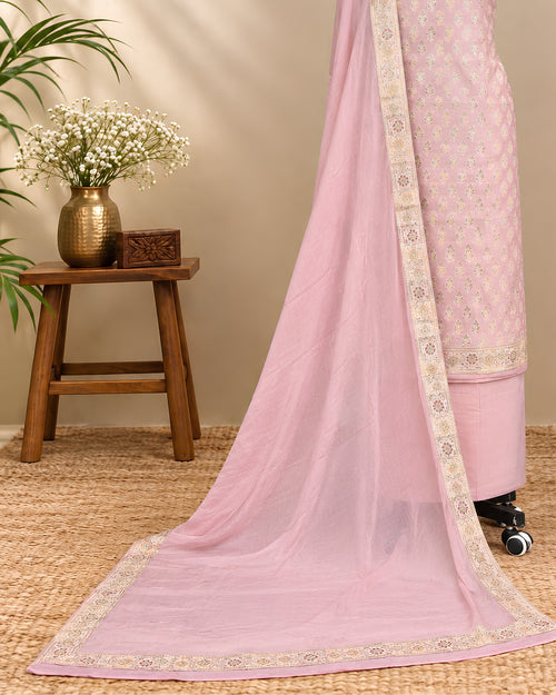 Light pink Banarasi Meena Georgette dupatta with intricate gold embroidery, showcasing detailed traditional craftsmanship.