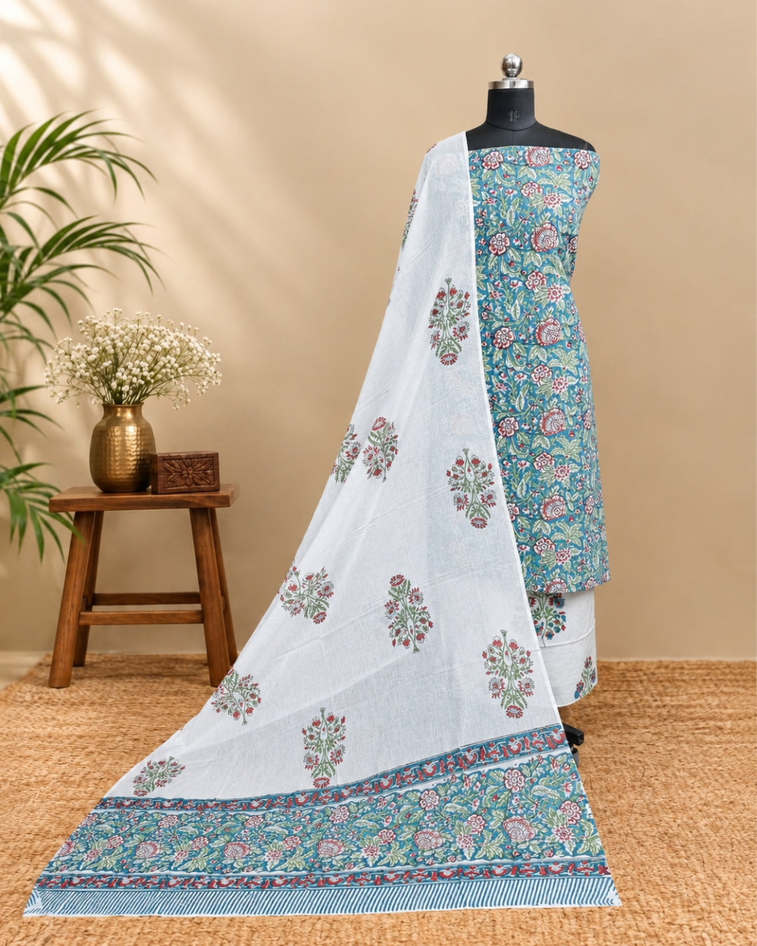Mul Mul Cotton Dupatta - Aqua Blue with White