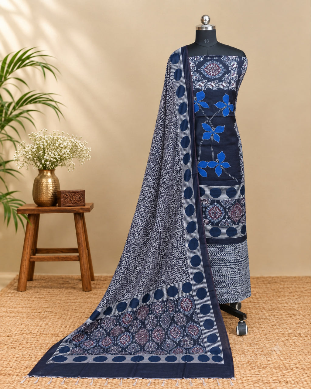 Royal blue Munga digital print fabric by S Fabs, showcasing intricate patterns and vibrant color on high-quality material.