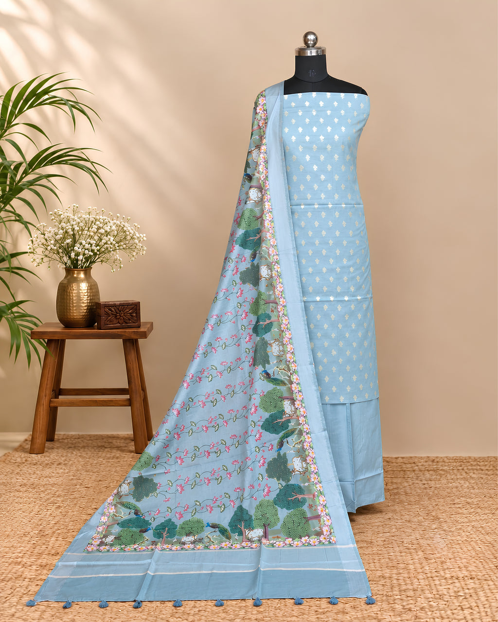 Powder blue Chanderi Meena Butta digital dupatta made of elegant Chanderi fabric with intricate Meena work by S Fabs.