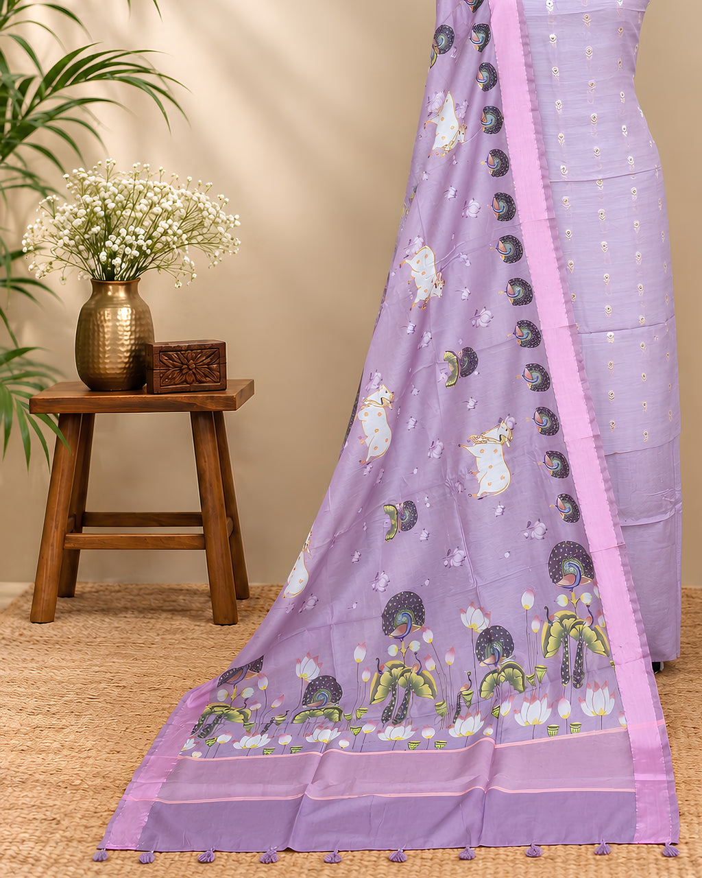 Soft lilac Chanderi Meena Butta digital dupatta with intricate patterns, made by S Fabs, displayed with detailed fabric texture.