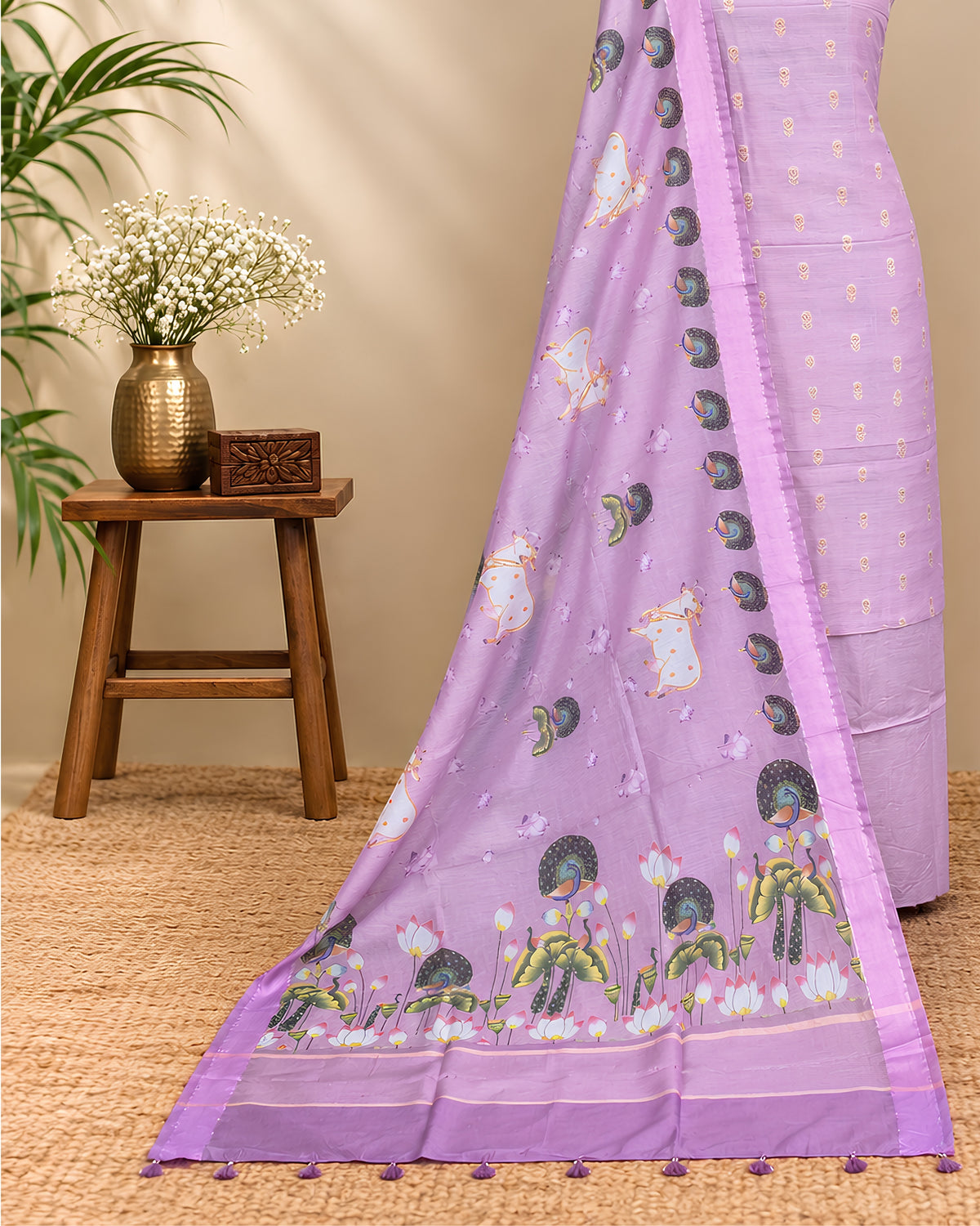 Lavender pink Chanderi Meena Butta digital dupatta by S Fabs, showcasing intricate embroidery and delicate fabric details.