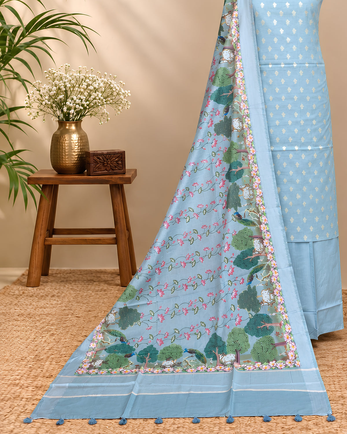 Powder blue Chanderi Meena Butta digital dupatta with intricate design, showcasing delicate embroidery and fine fabric texture.